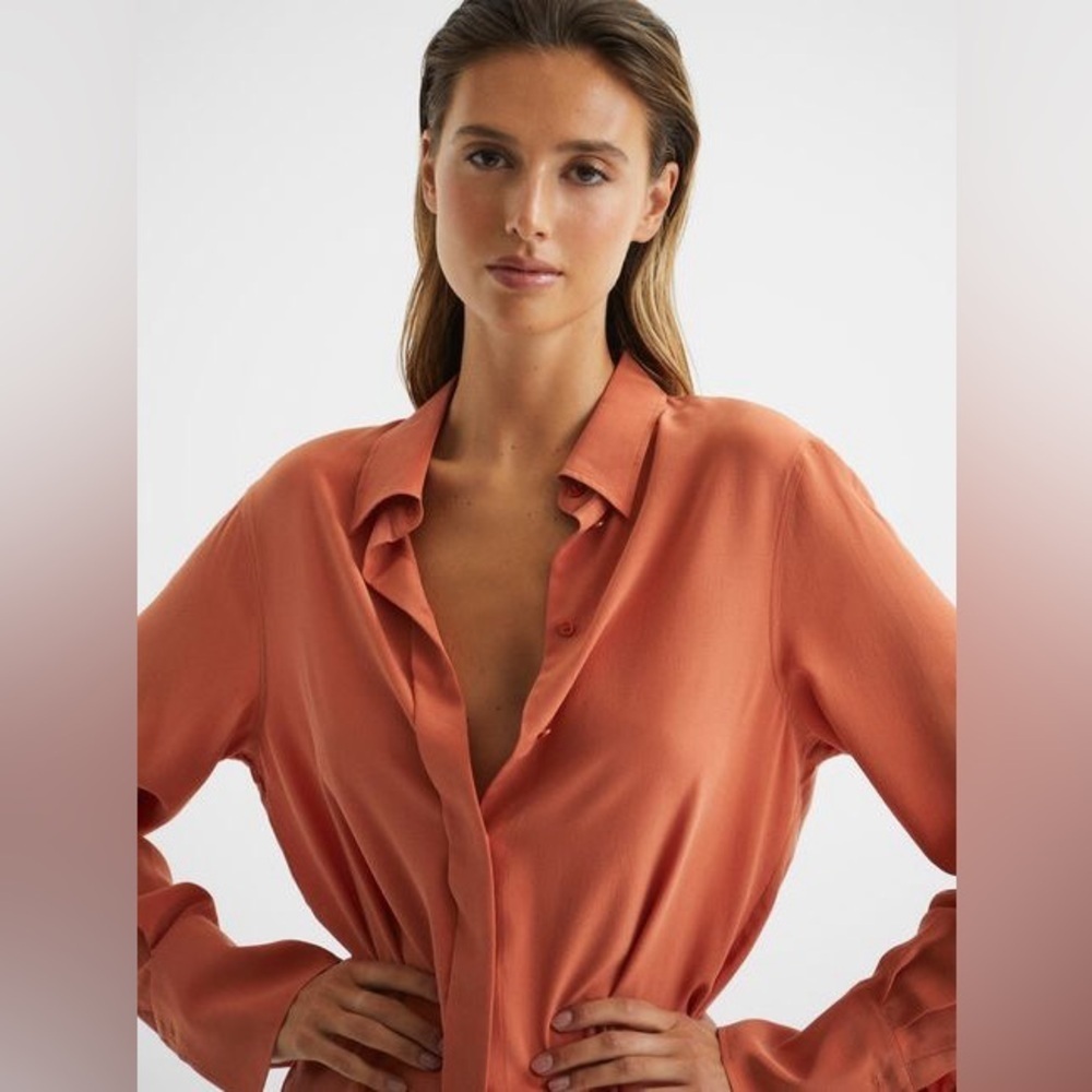 REISS Orange EDEN 💯 Silk long‎ sleeve button down shirt size 4